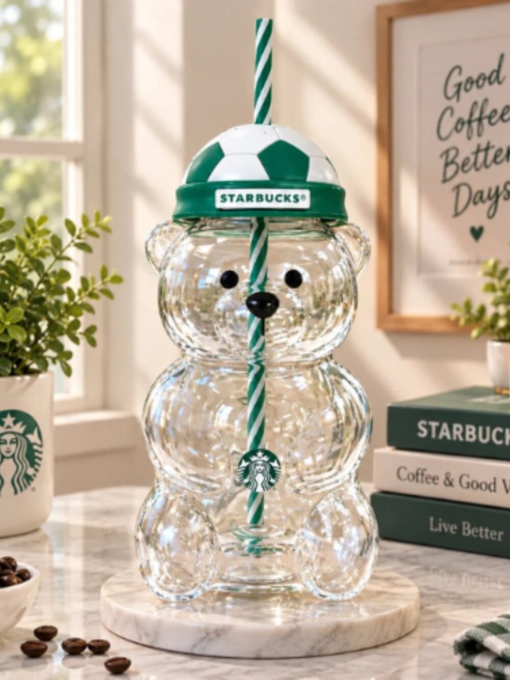 Starbucks World Cup Football Bear 20oz Glass Straw Cup